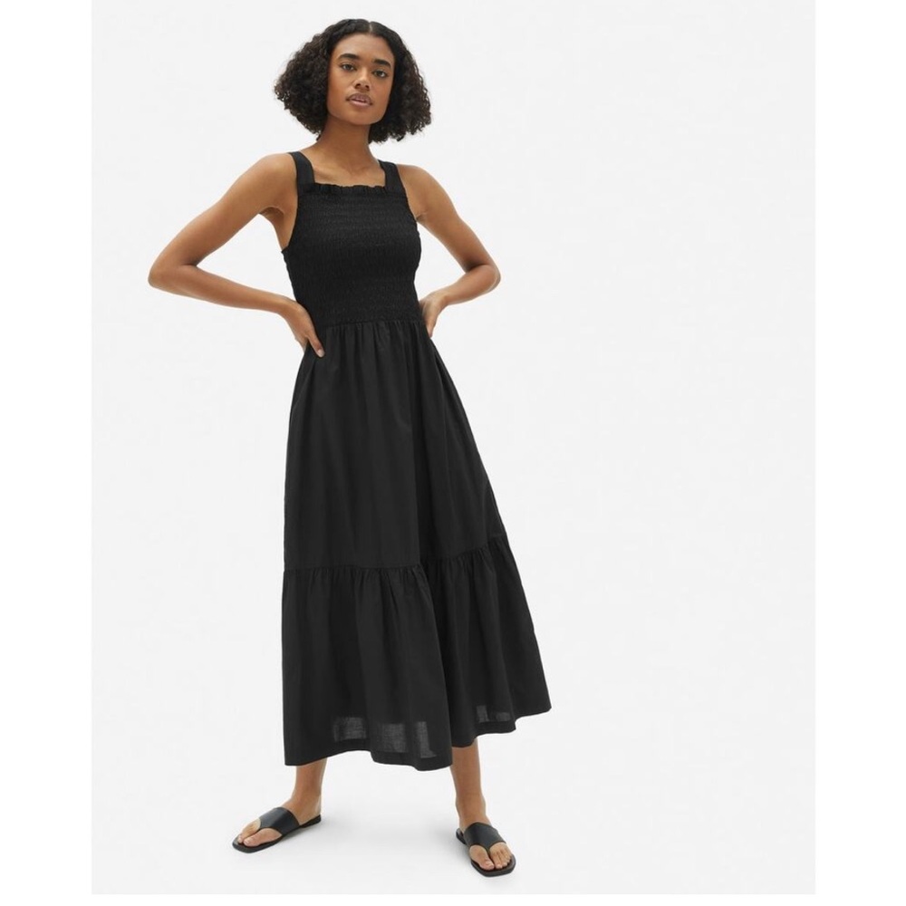 Everlane Black Smocked Midi The Smock Dress Sleeveless Square Neck Womens Small